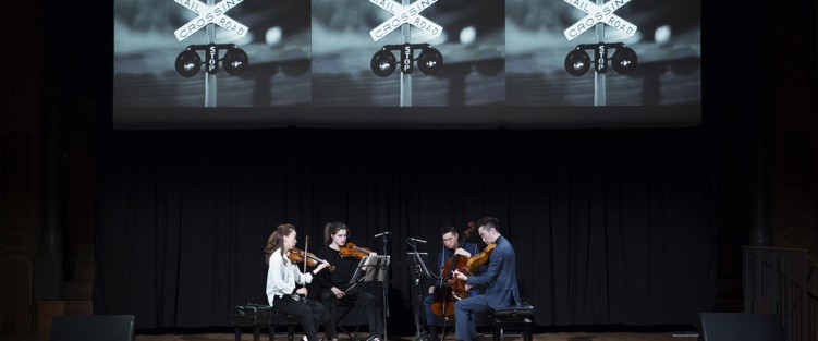 The Rolston String Quartet performing Reich’s Different Trains on February 2. Photo credit: Claire Harvie.